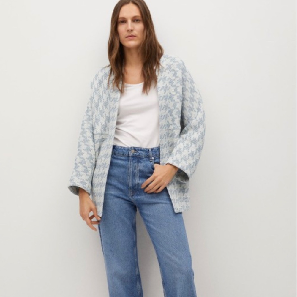 MANGO Women Blue White Houndstooth Checked Open Front Jacket Size M-L